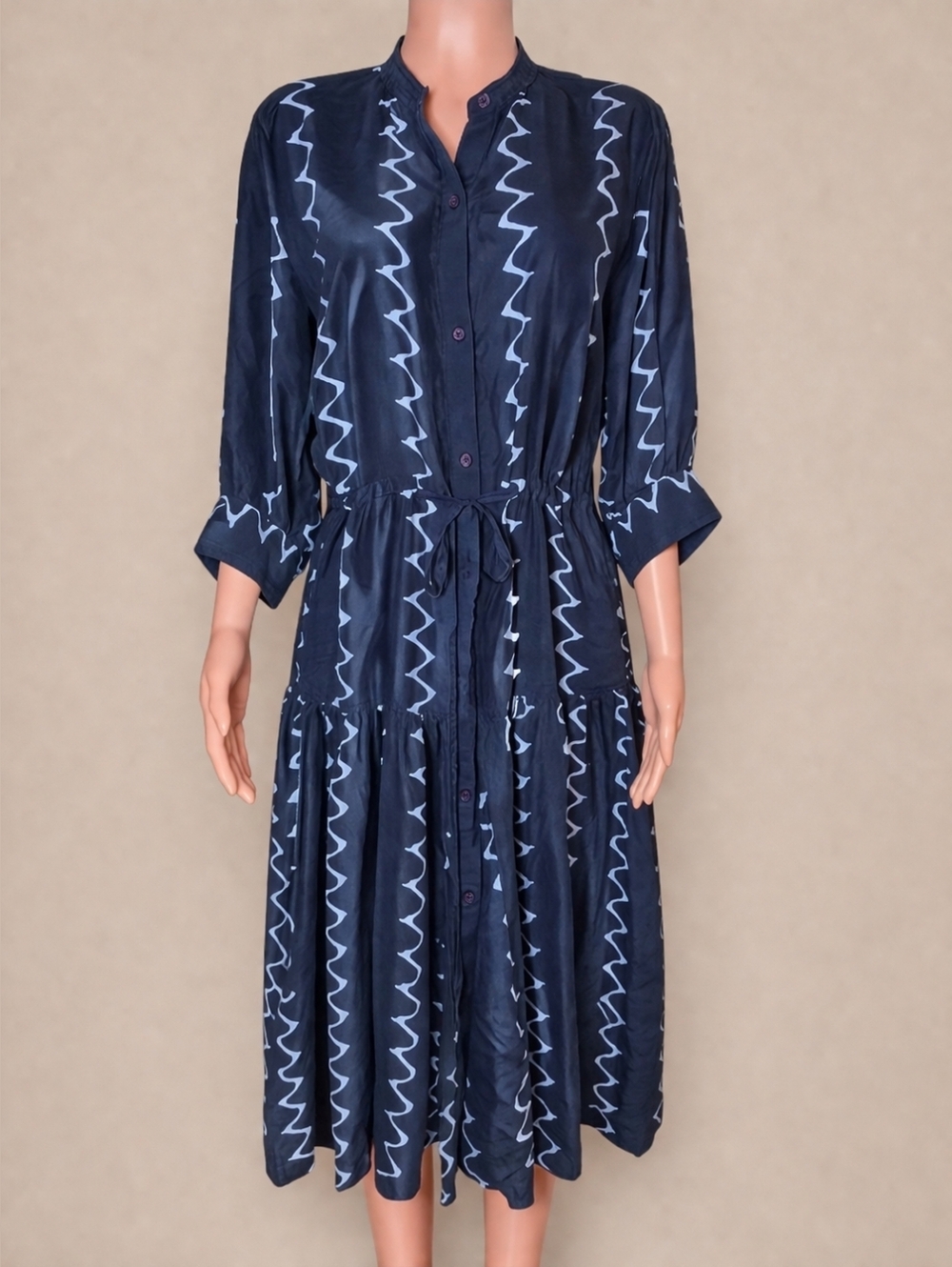 Apiece Apart Navy Zigzag Midi Silk Dress with Tie Waist 4